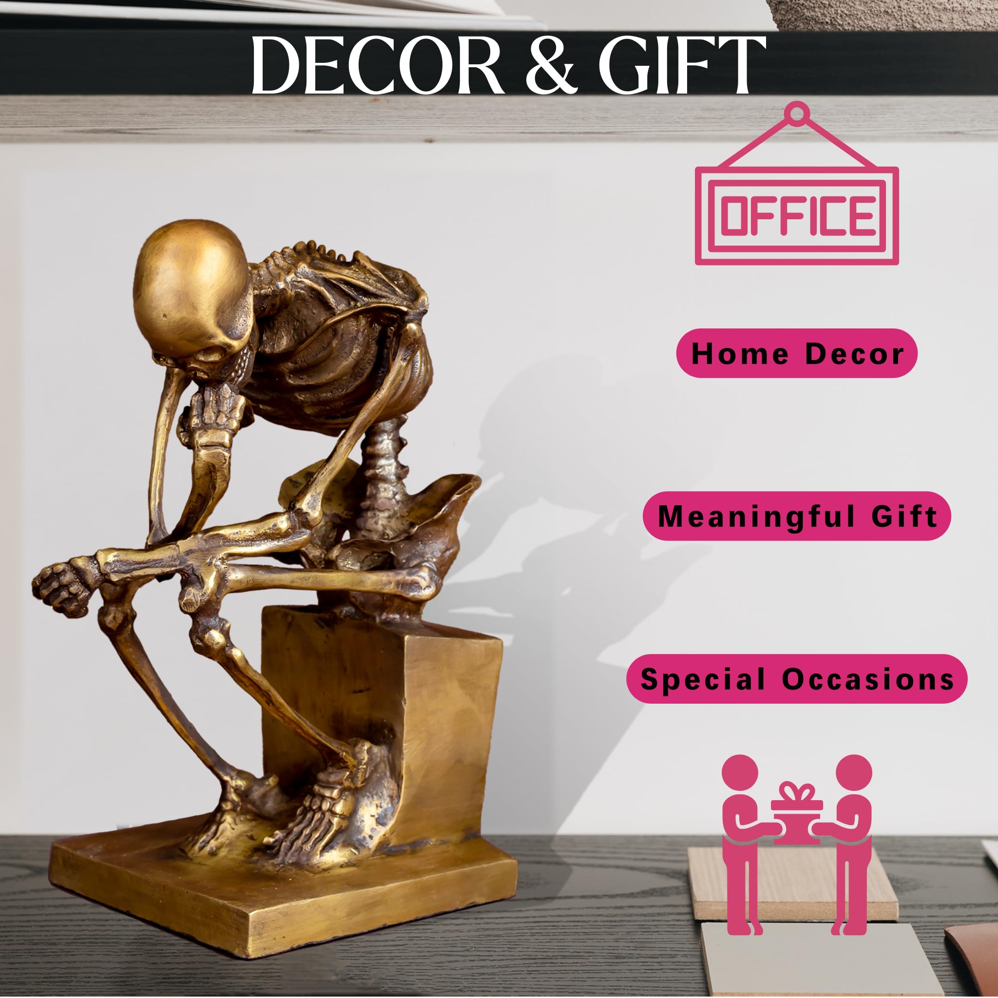 Bronze skeleton Thinker statue in gold finish decor and gift feature card
