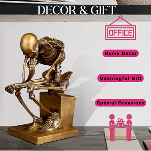 Bronze skeleton Thinker statue in gold finish decor and gift feature card
