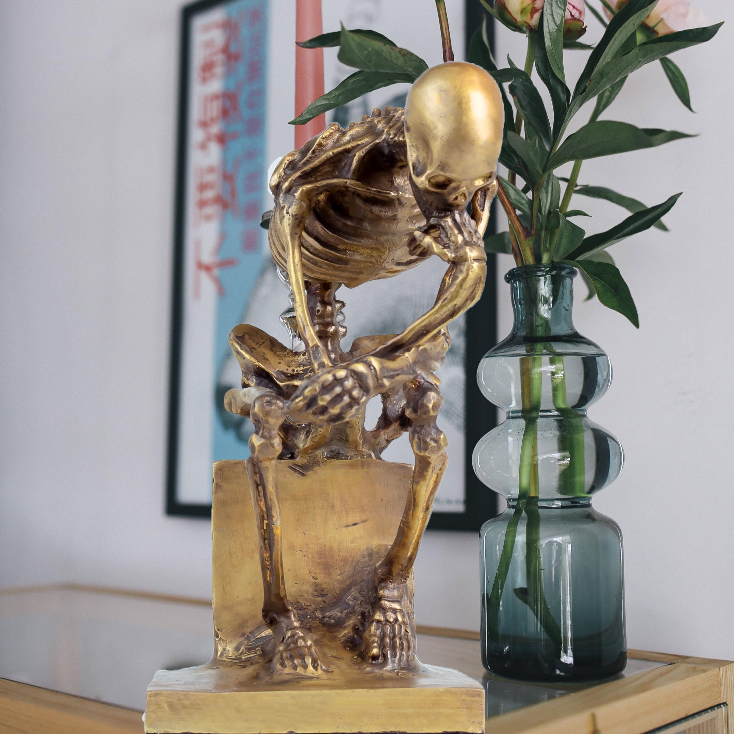 Bronze skeleton Thinker statue in gold finish side view showing detailed skeletal sculpting