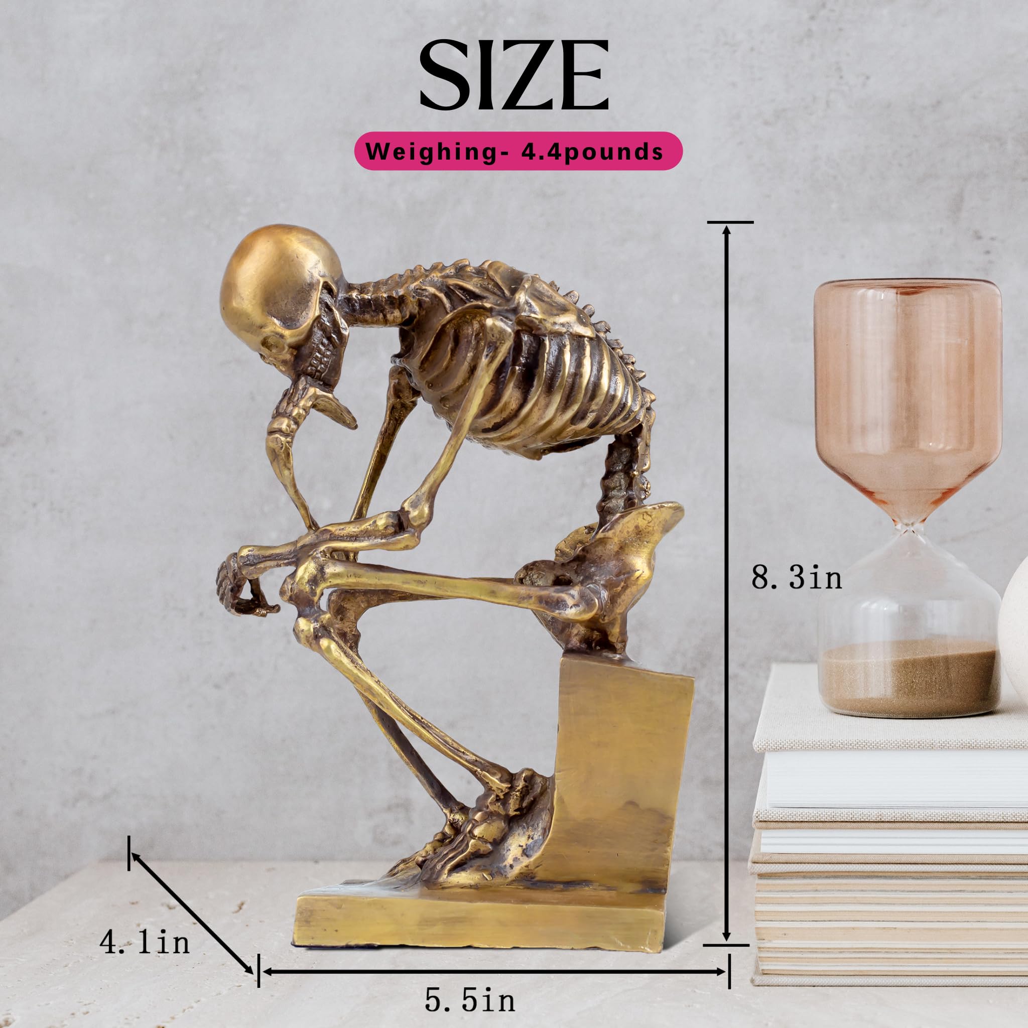 Bronze skeleton Thinker statue in gold finish size chart showing height and base width dimensions