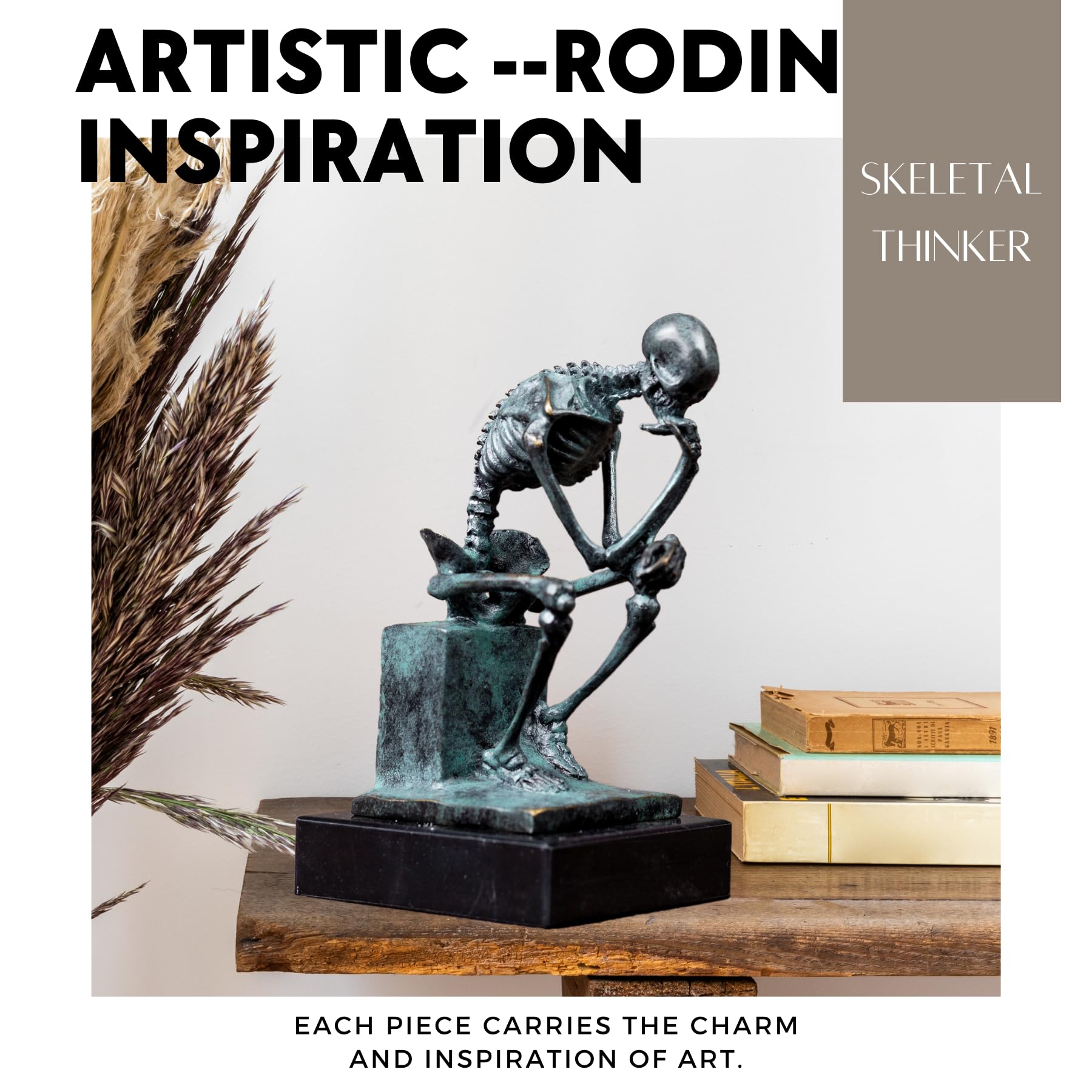 Bronze skeleton Thinker statue in green patina finish front three-quarter view on warm background