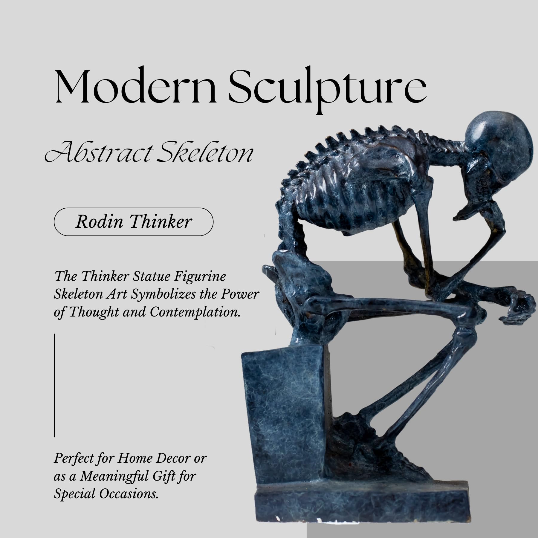 Bronze skeleton Thinker statue handcrafted feature card displayed on bookshelf with books
