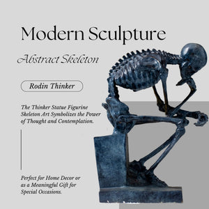 Bronze skeleton Thinker statue handcrafted feature card displayed on bookshelf with books