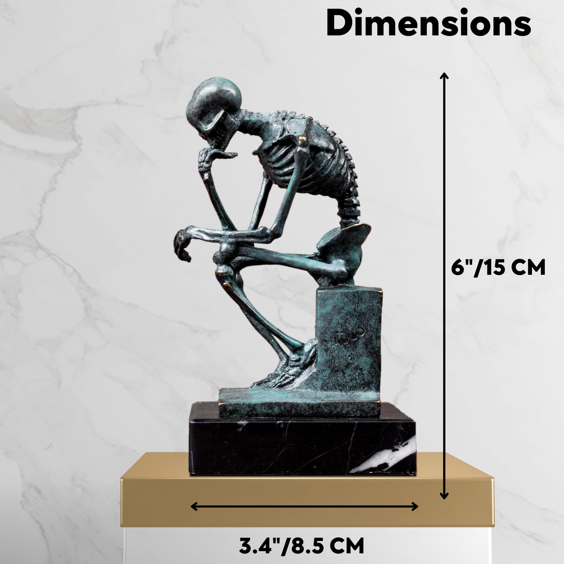 Bronze skeleton Thinker statue premium materials feature card listing craftsmanship details
