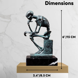 Bronze skeleton Thinker statue premium materials feature card listing craftsmanship details