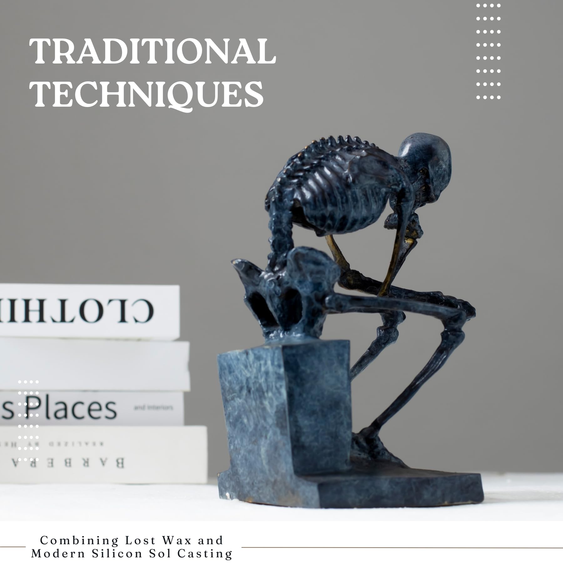 Bronze skull Thinker statue feature card highlighting intricate attention to detail