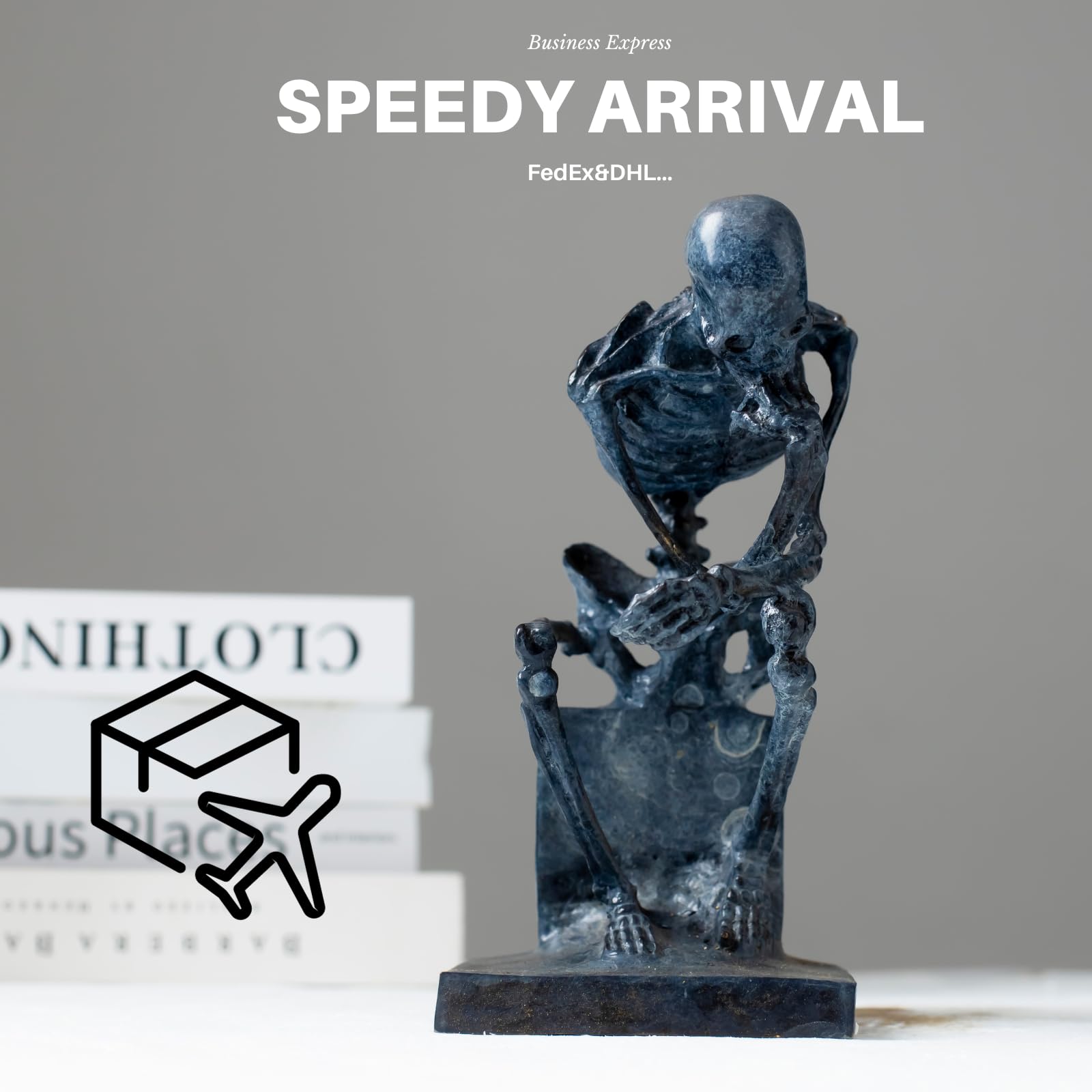 Bronze skeleton Thinker statue speedy arrival shipping feature card with package icon