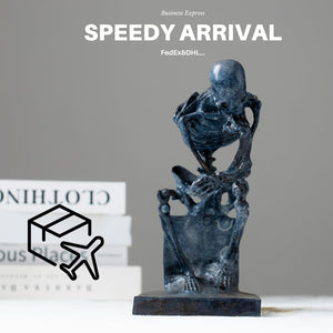 Bronze skeleton Thinker statue speedy arrival shipping feature card with package icon