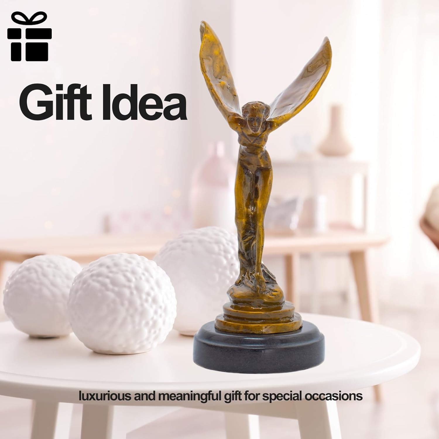 Bronze Spirit of Ecstasy flying lady figurine as art collection piece in elegant indoor lifestyle setting
