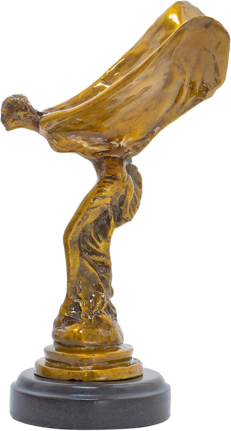 Bronze Spirit of Ecstasy flying lady figurine front full body view on white background showing gold finish