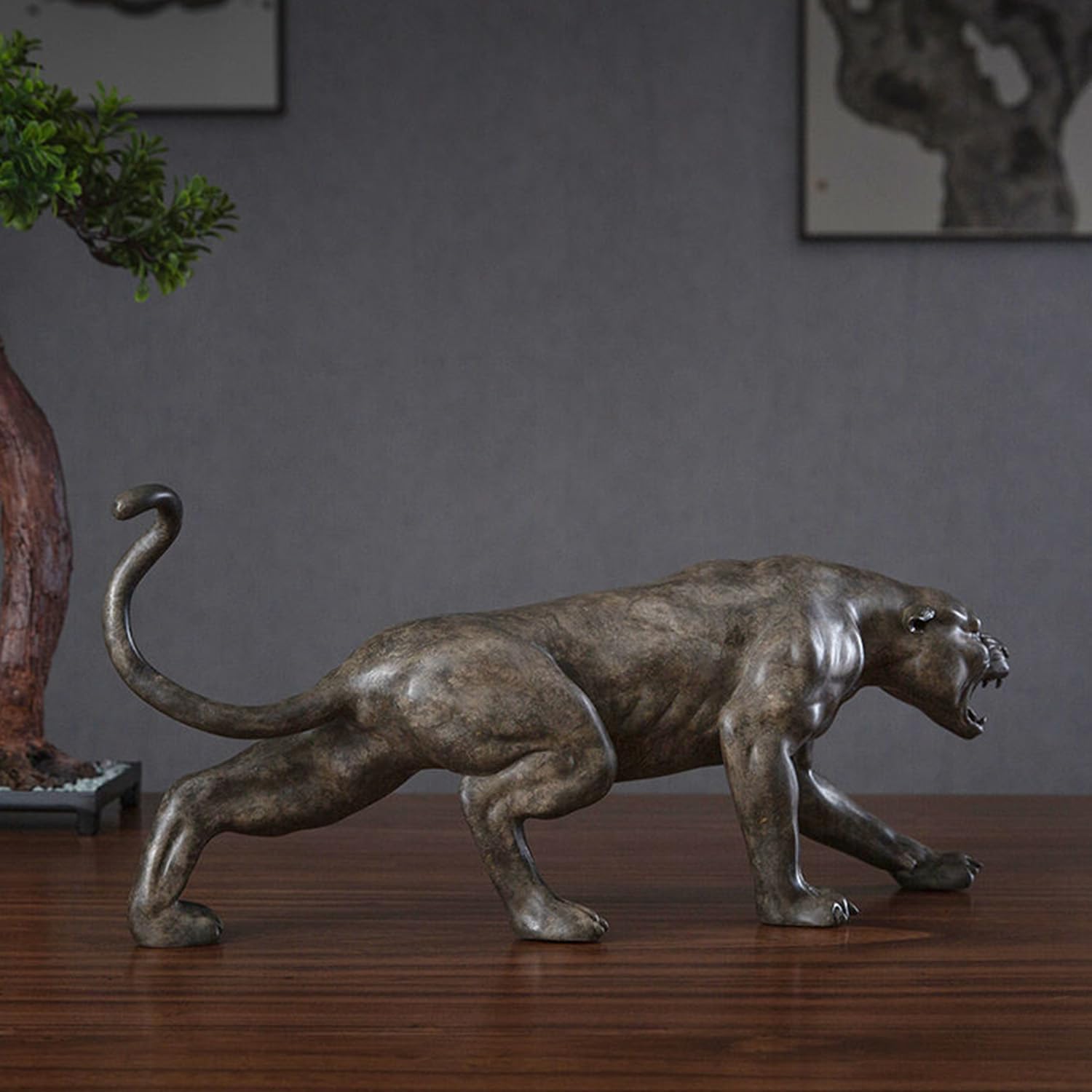 Full body side view of 15.4-inch bronze stalking panther predator sculpture in indoor display
