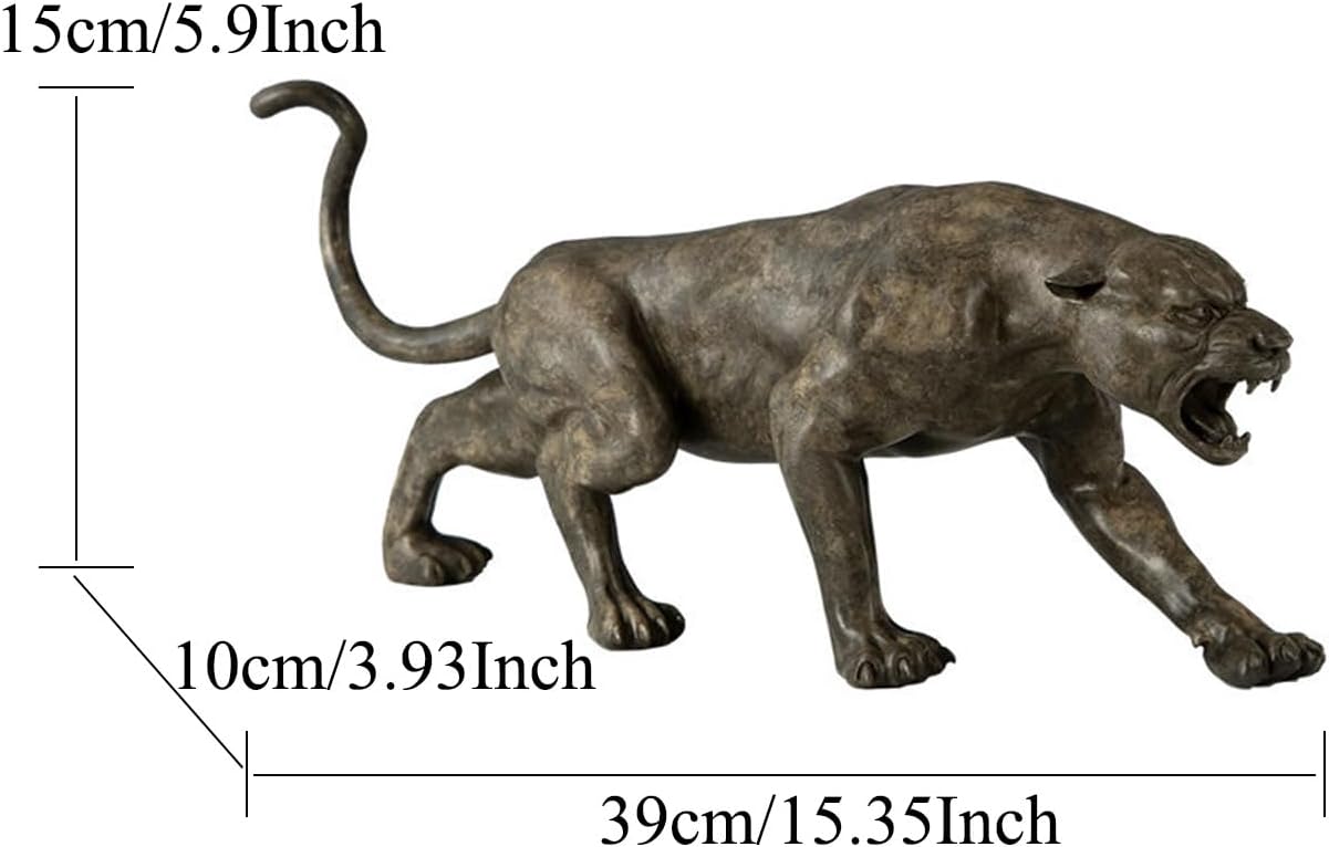 Bronze stalking panther sculpture three-angle size dimension reference chart showing 15.4 x 3.9 x 5.9 inch