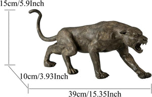 Bronze stalking panther sculpture three-angle size dimension reference chart showing 15.4 x 3.9 x 5.9 inch