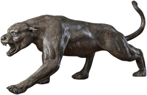 15.4-inch bronze stalking panther statue hand-cast in predator motion pose, side front view on white background