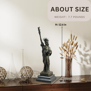 Bronze Statue of Liberty size reference showing 12.6 inch height and 4.4 lbs weight measurements