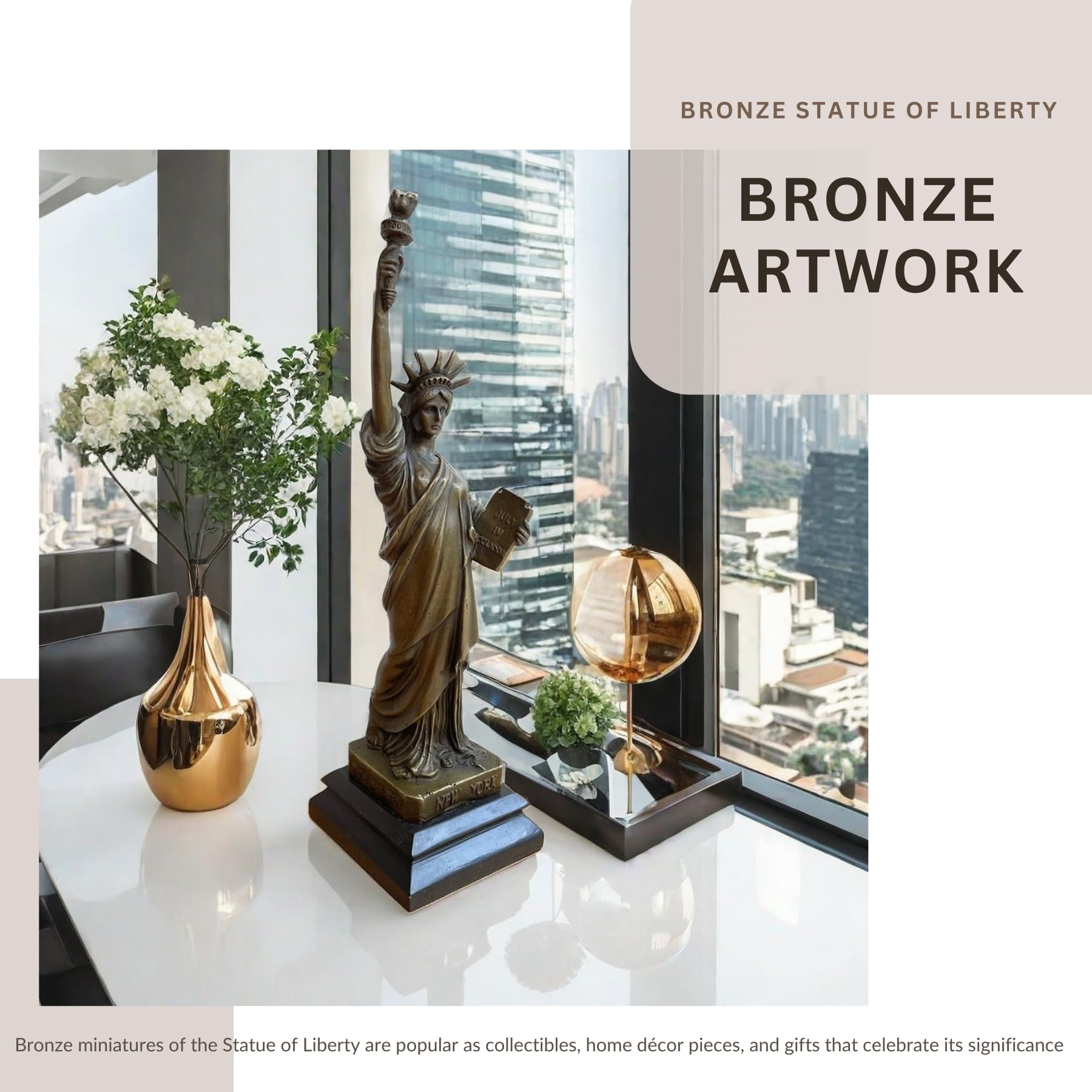 Bronze Statue of Liberty displayed as Roman business liberty symbol in professional office setting