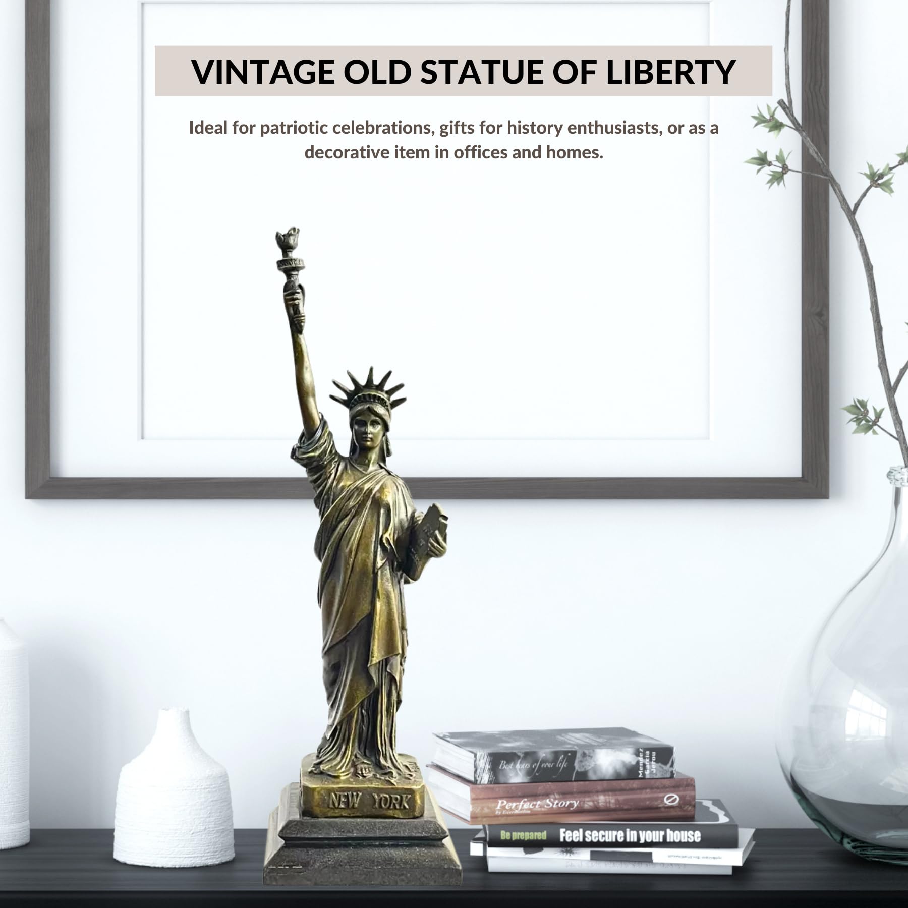 Vintage bronze Statue of Liberty displayed on indoor desk with decorative items lifestyle setting