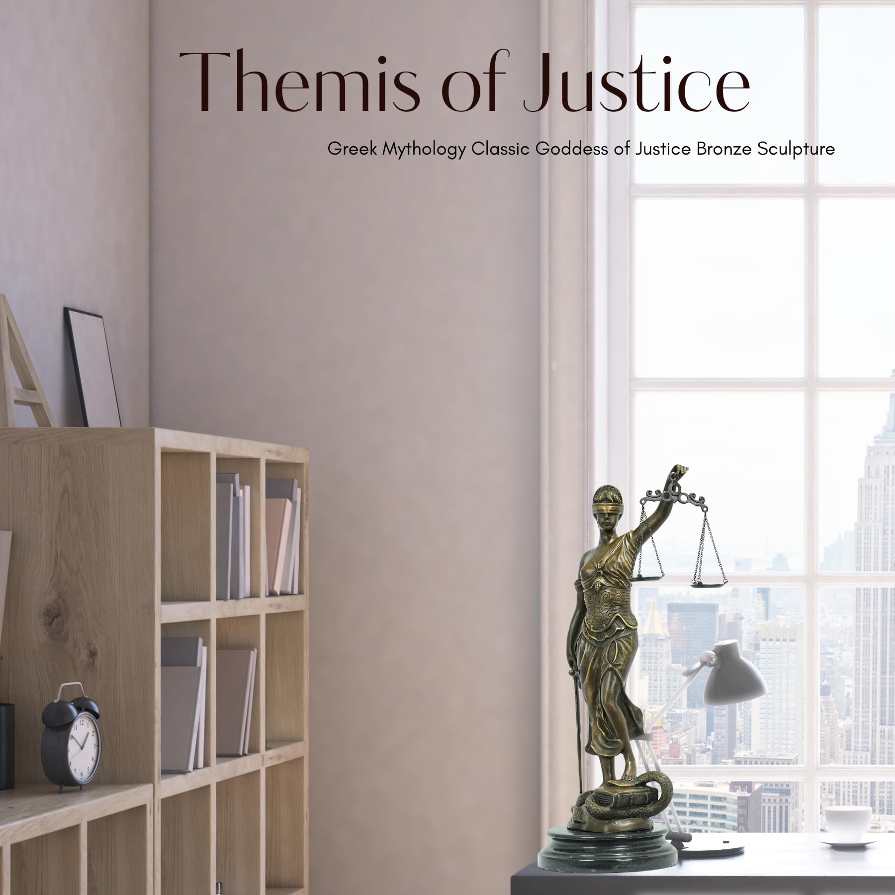 Bronze Themis of Justice statue displayed in bookshelf library interior as elegant law office decor