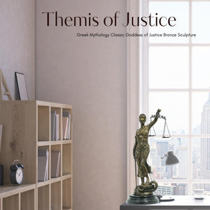 Bronze Themis of Justice statue displayed in bookshelf library interior as elegant law office decor