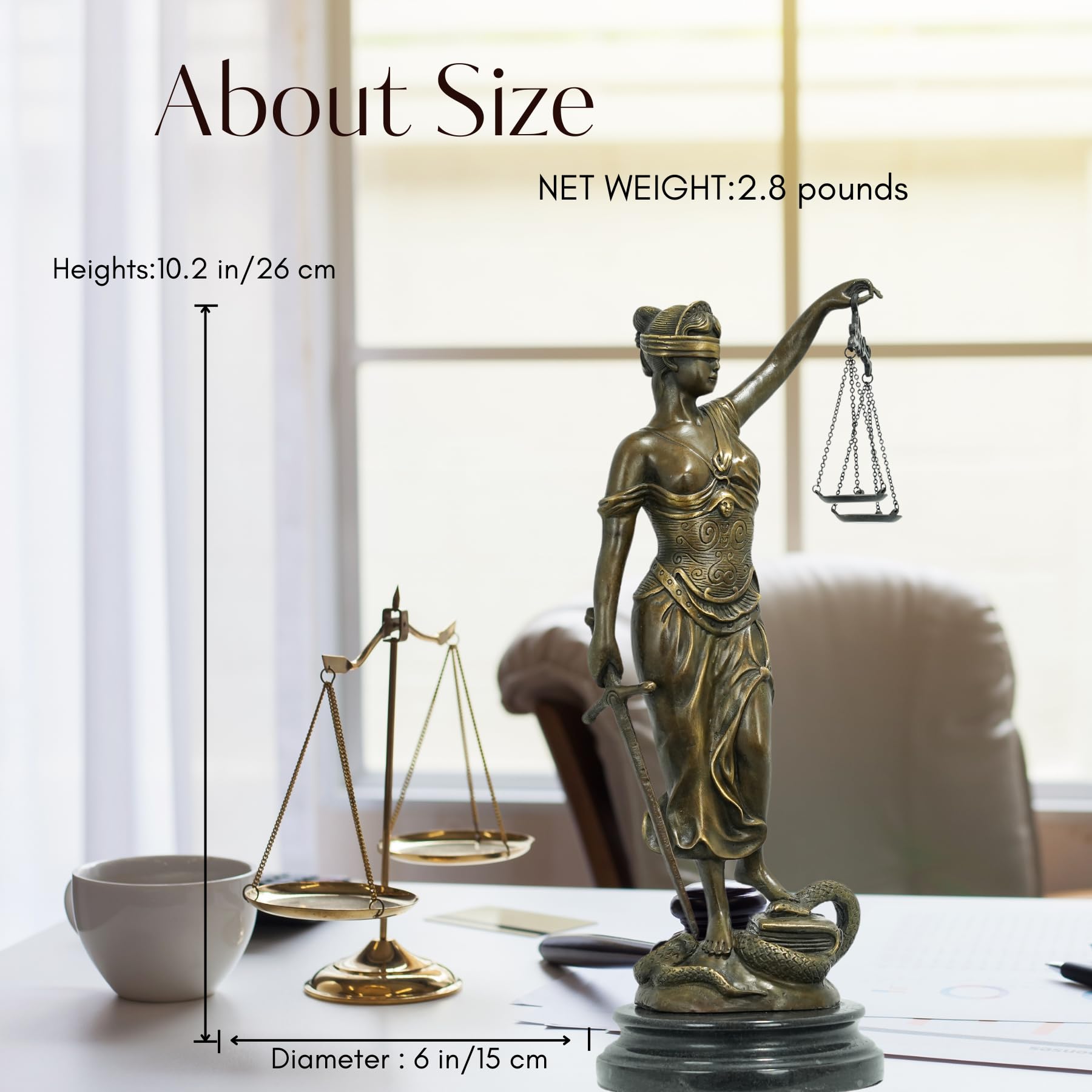 Bronze Themis Lady Justice statue size reference chart showing 10.2 to 18.1 inch multiple size options