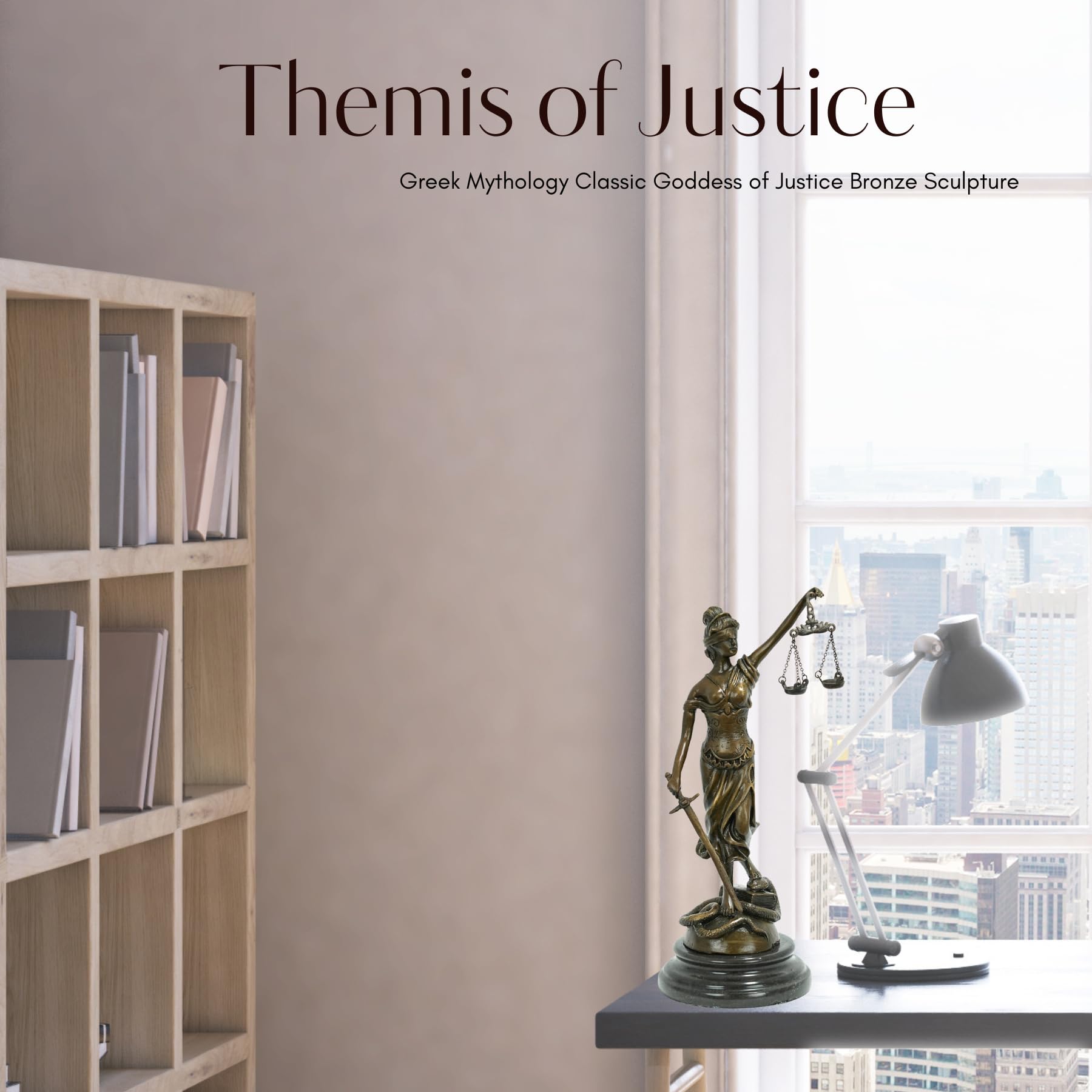 Second angle of bronze Themis Lady Justice statue in bookshelf library interior office setting