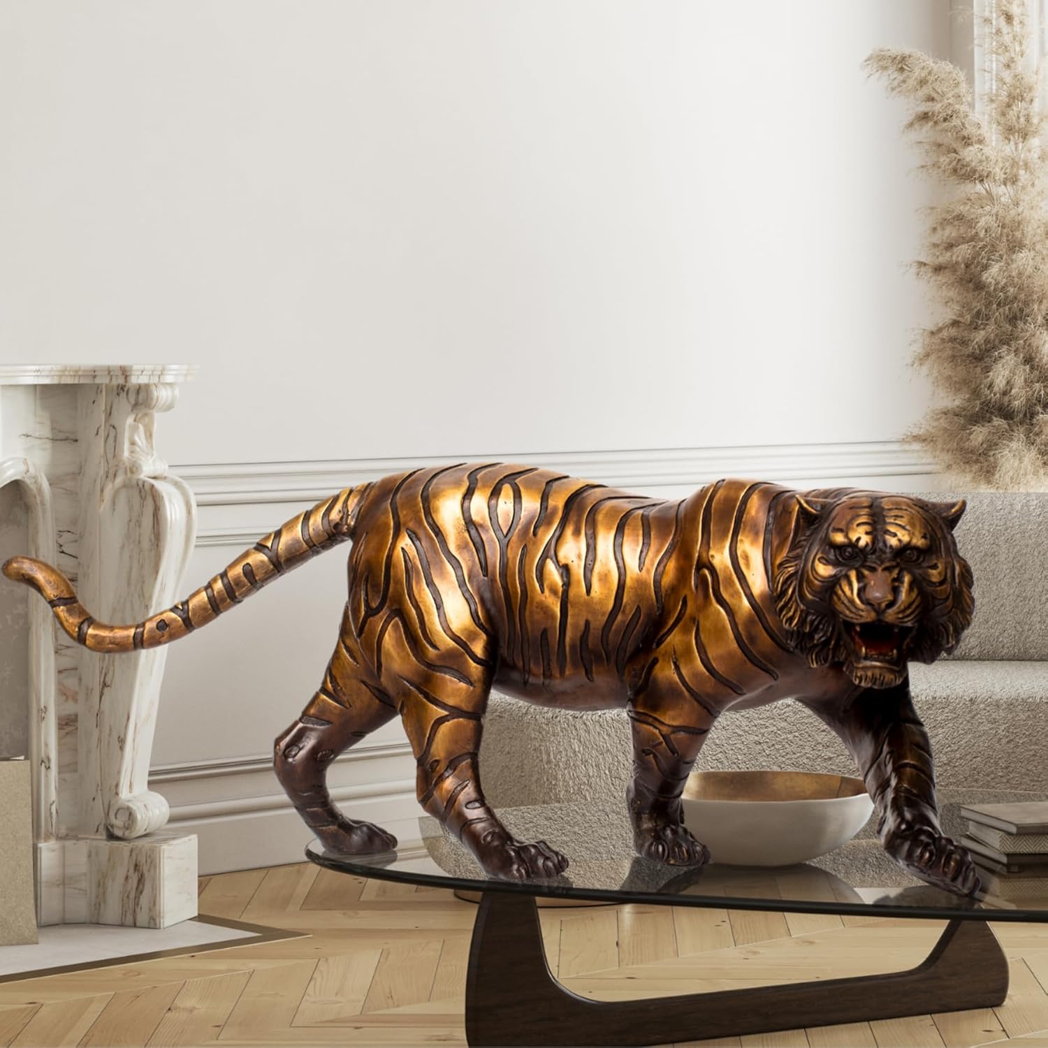 18.9 inch solid brass bronze tiger statue full view displayed in living room interior