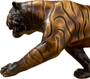 Bronze tiger statue body stripe and muscle detail close up lost wax craftsmanship
