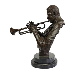 Bronze trumpeter bust sculpture angle view showing trumpet and arm detail