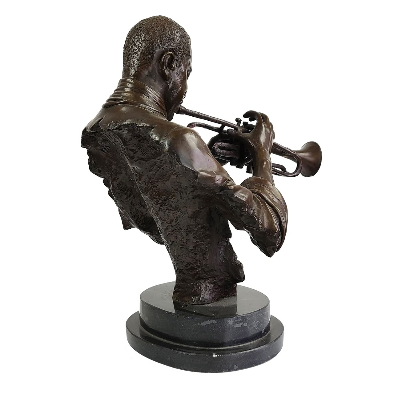 Bronze trumpeter bust sculpture side angle view playing trumpet