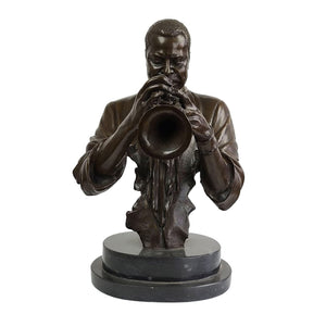 Bronze trumpeter bust sculpture side view on marble base