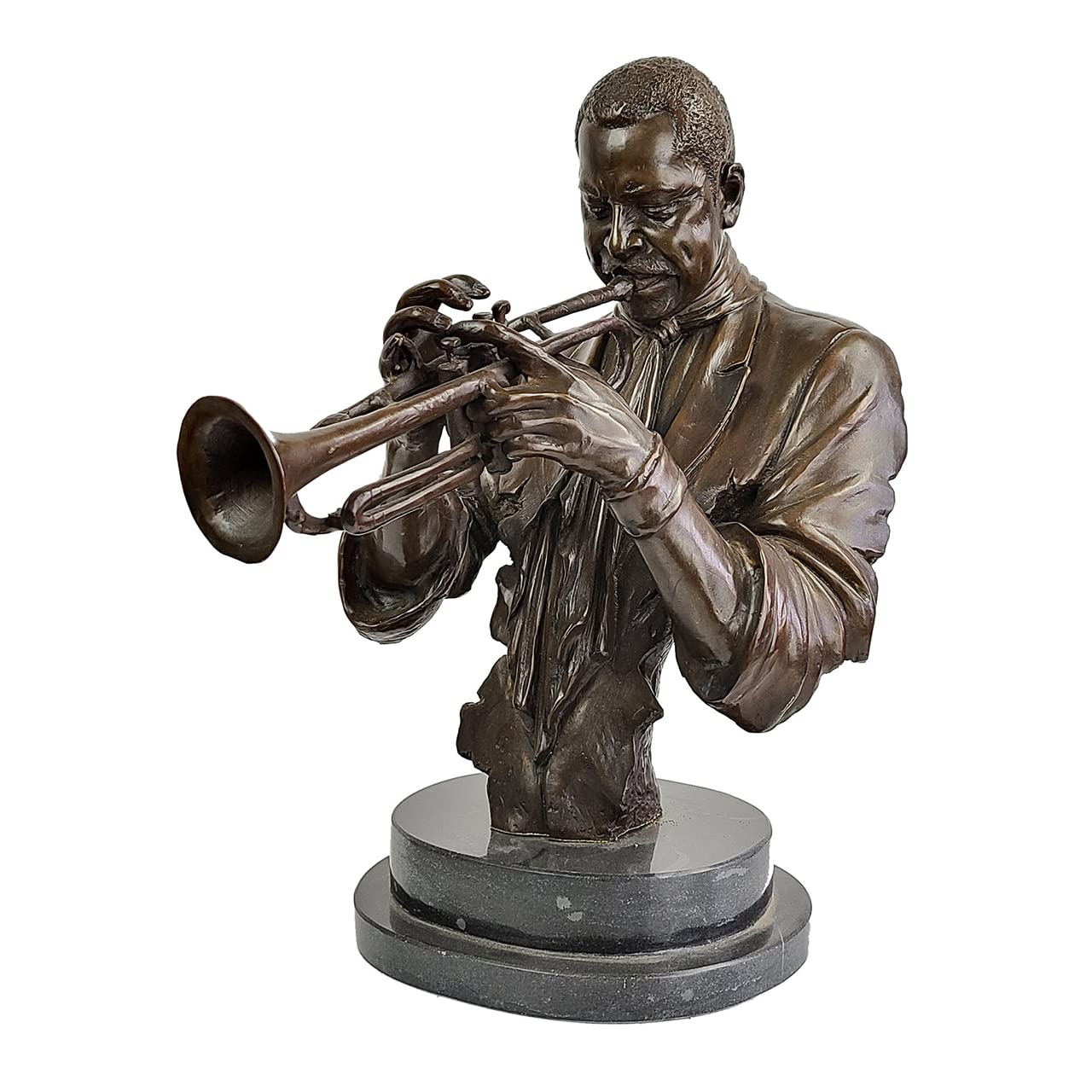 Bronze trumpeter bust sculpture wearing hat, front view on white background