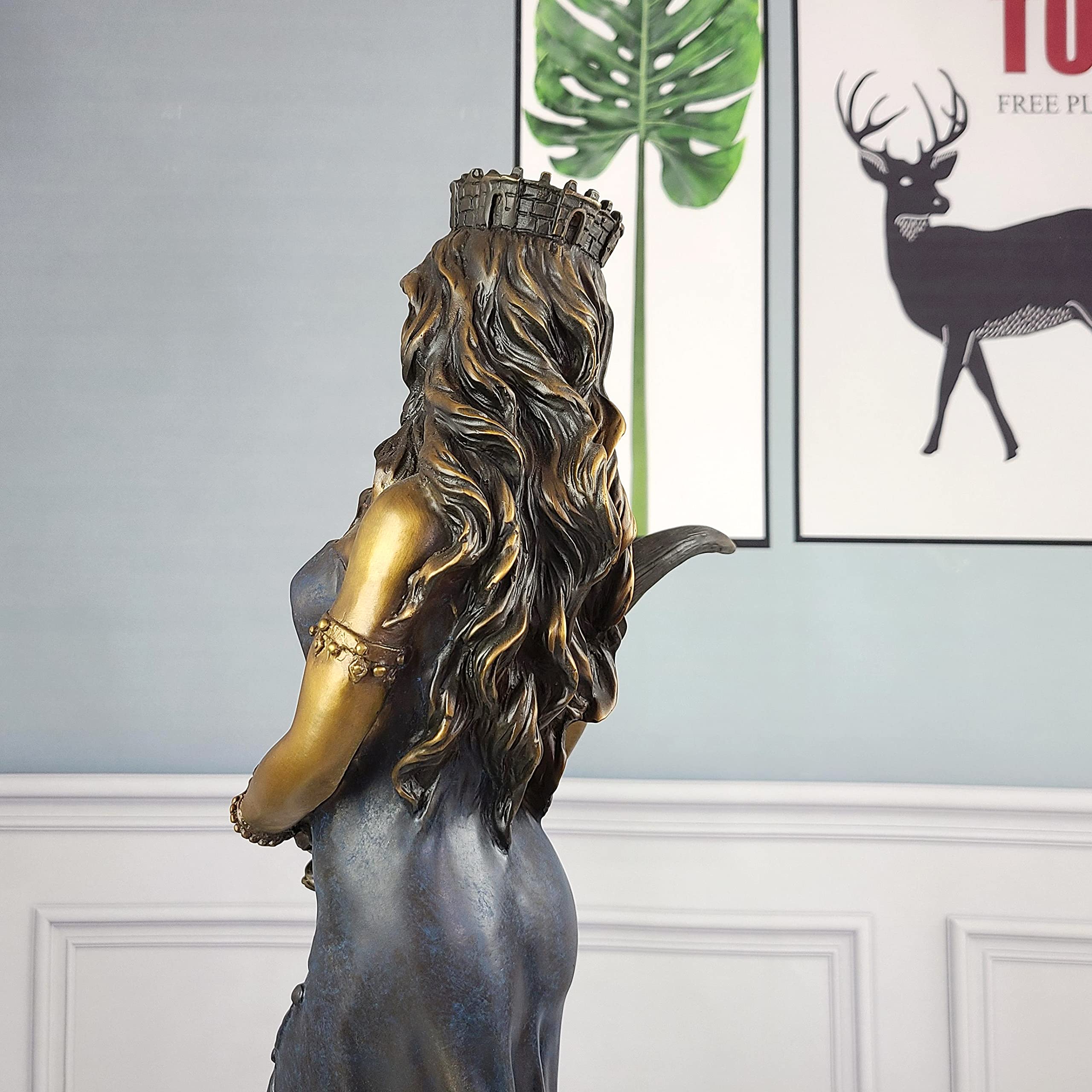 Bronze Tyche Fortuna goddess wealth statue back view long hair interior display