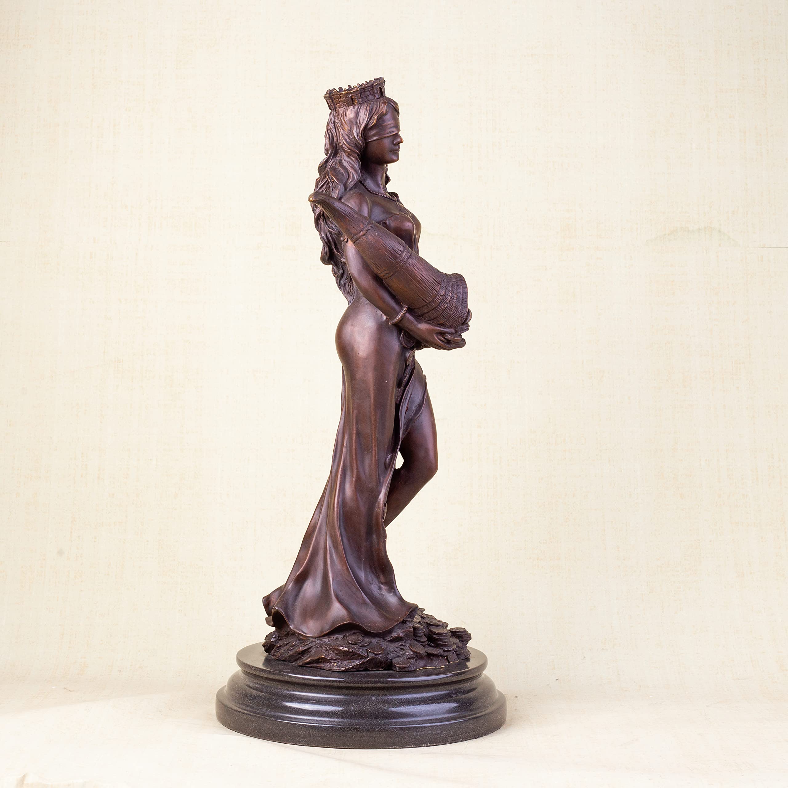 Bronze Tyche Fortuna goddess wealth statue back view long hair detail