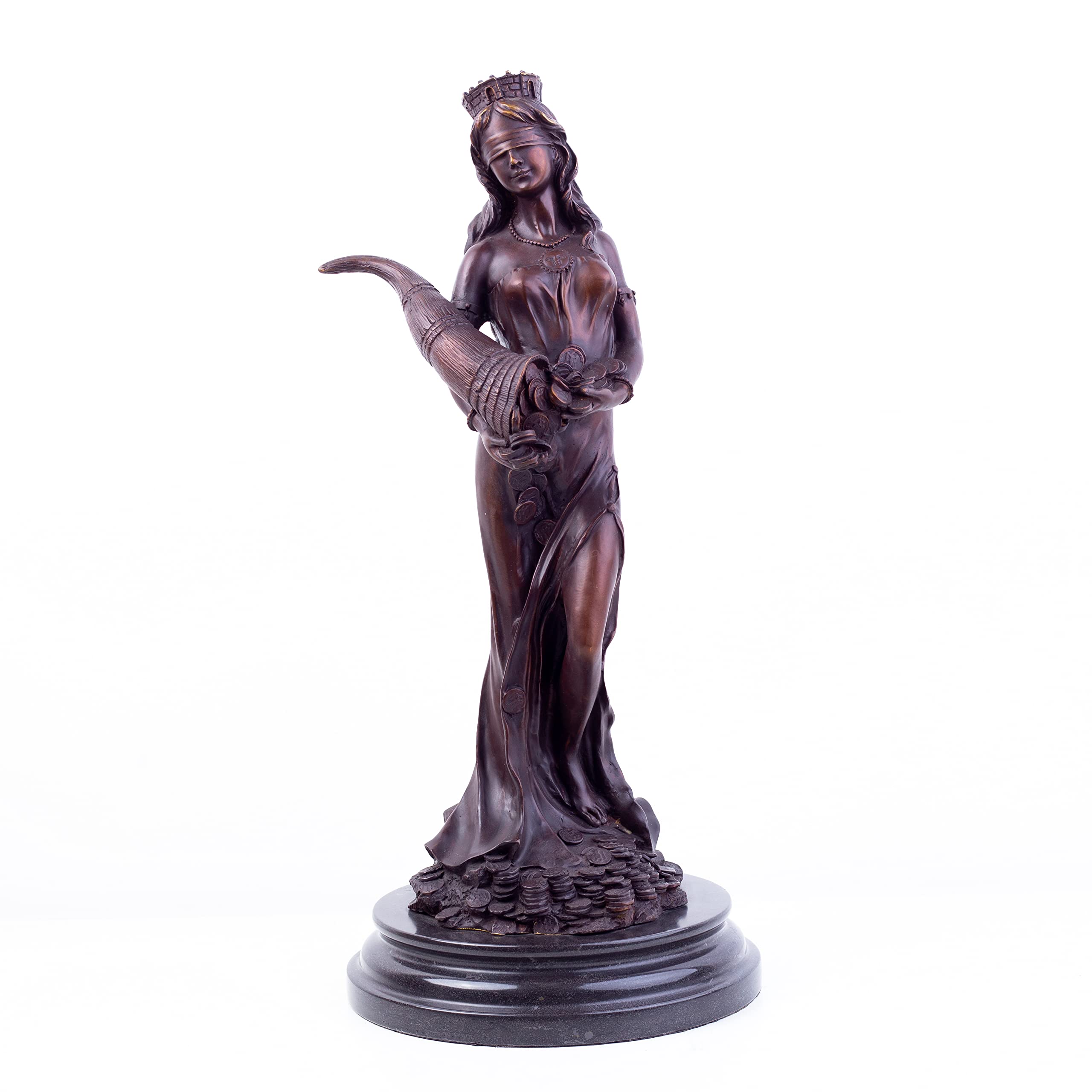 25.1 inch bronze Tyche Fortuna Goddess of Wealth dark patina full view black marble base