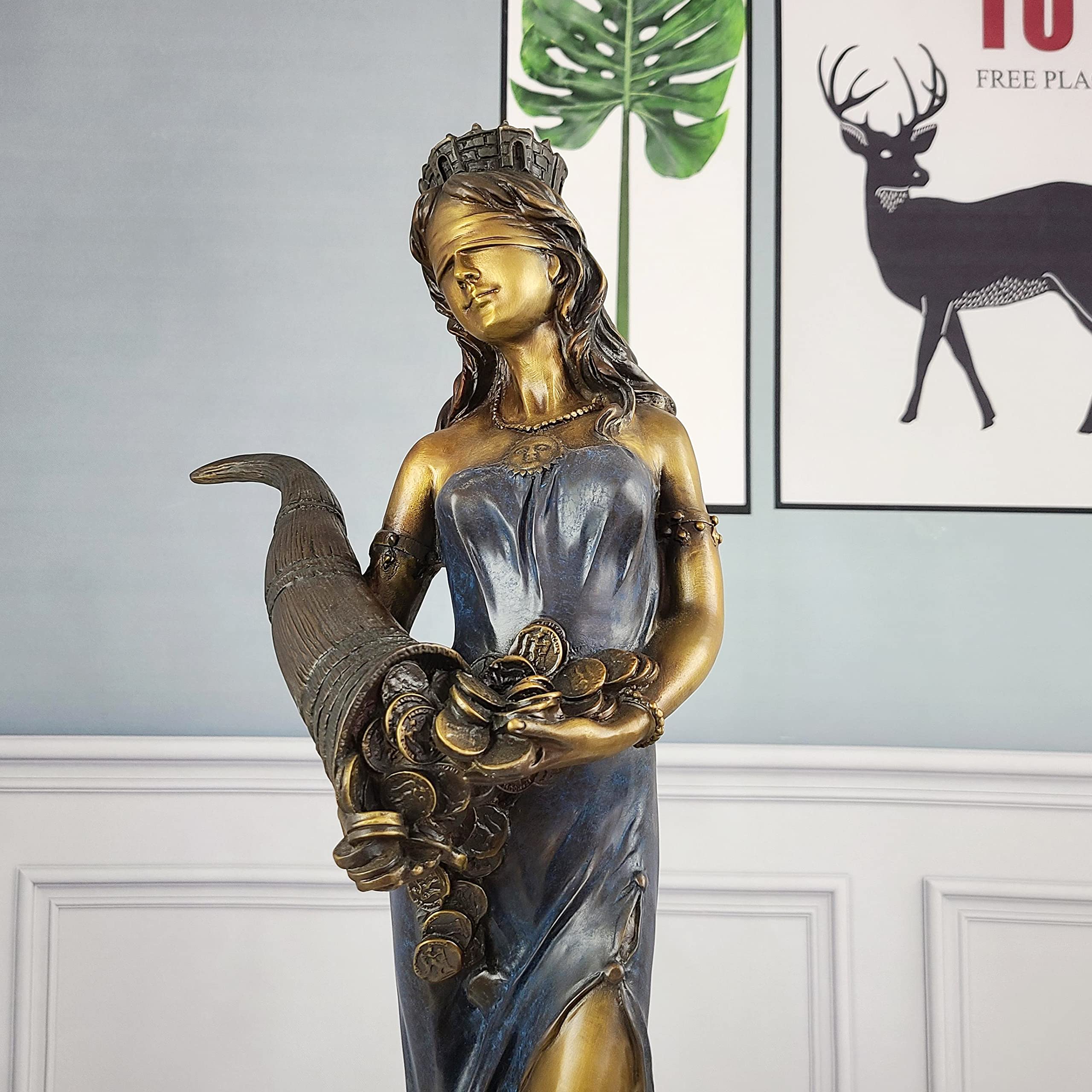 Bronze Tyche Fortuna goddess wealth statue front view interior deer wall art display
