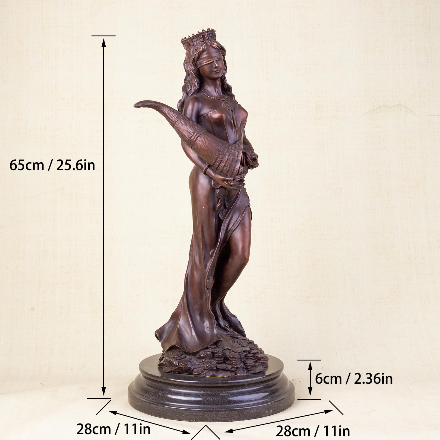 Bronze Tyche Fortuna goddess wealth statue size chart 25.1 inch dimensions reference