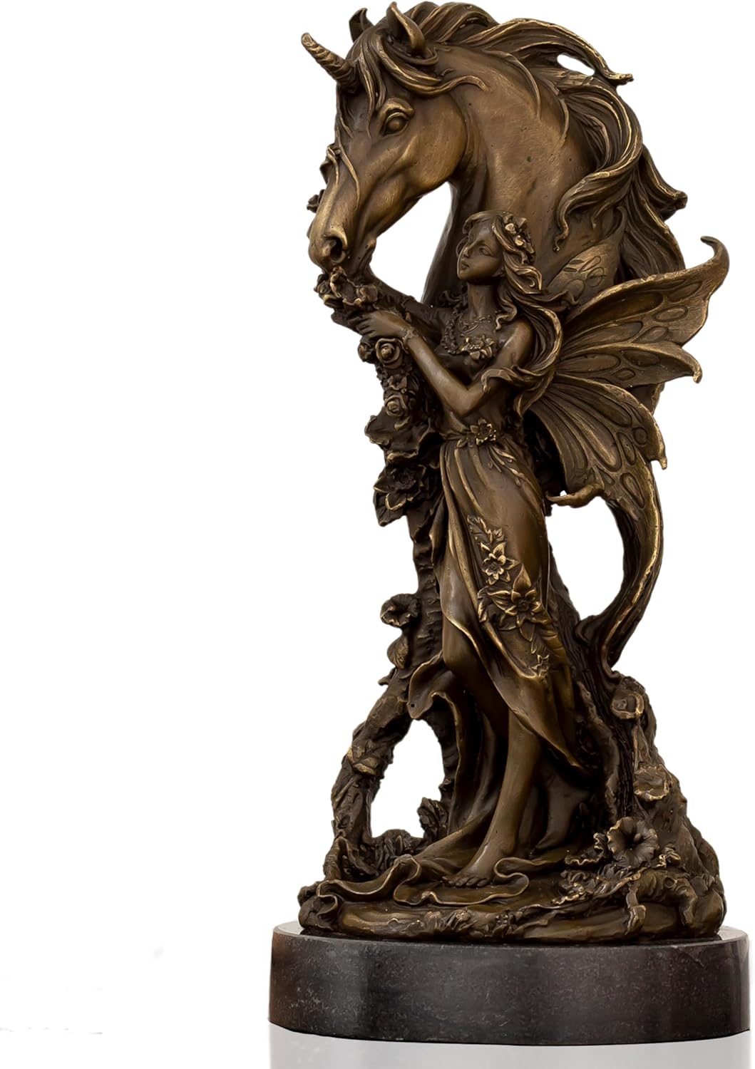 Bronze unicorn and angel spirit sculpture full front view on round black base