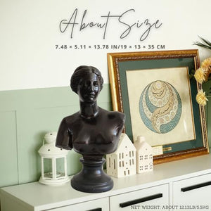 Second size reference of bronze Venus de Milo bust statue displayed with photo frame background