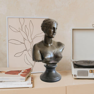 Bronze Venus de Milo bust statue displayed indoors with photo frame in lifestyle setting