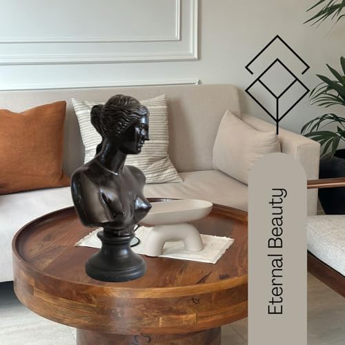 Bronze Venus de Milo bust statue displayed in living room with geometric wall decor accent