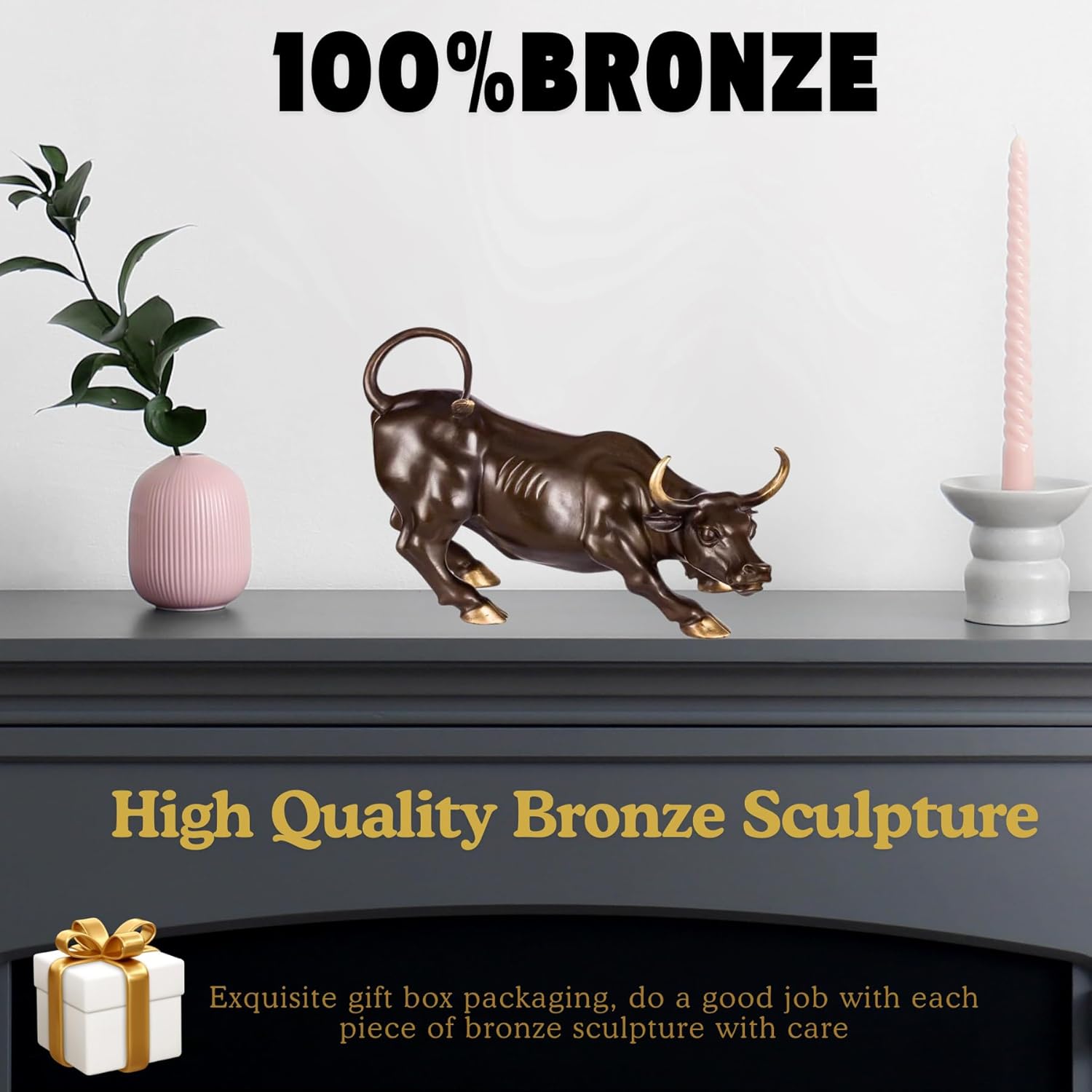 Brown brass Wall Street bull with gold accents on an executive desk.
