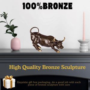 Brown brass Wall Street bull with gold accents on an executive desk.