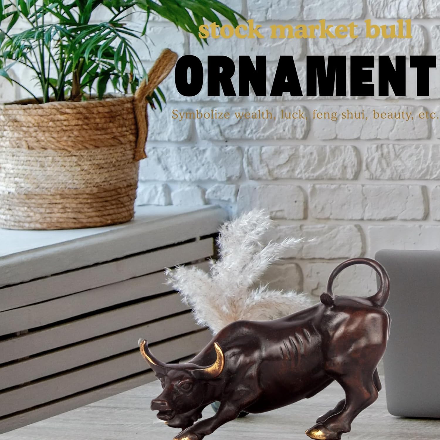Rich brown texture with gold-polished hoof details on brass bull figurine.