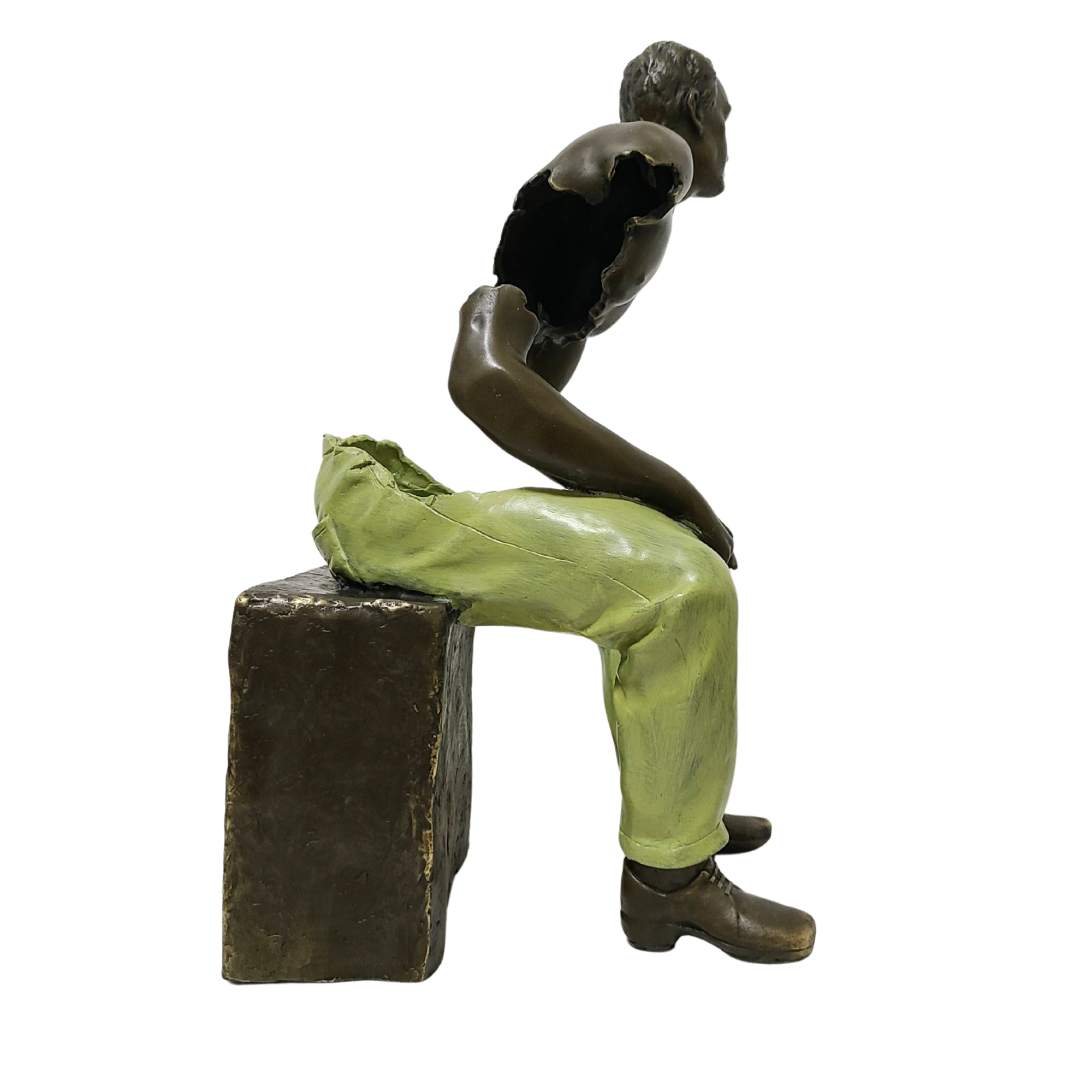 Side view of Bruno Catalano seated voyageur bronze sculpture showing fragmented torso detail