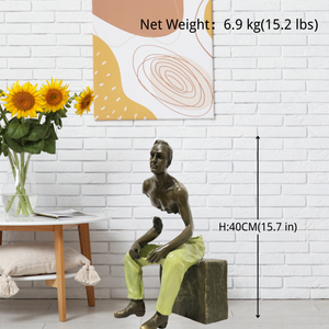 Les Voyageurs seated bronze sculpture size chart showing 40cm height and 6.9kg weight