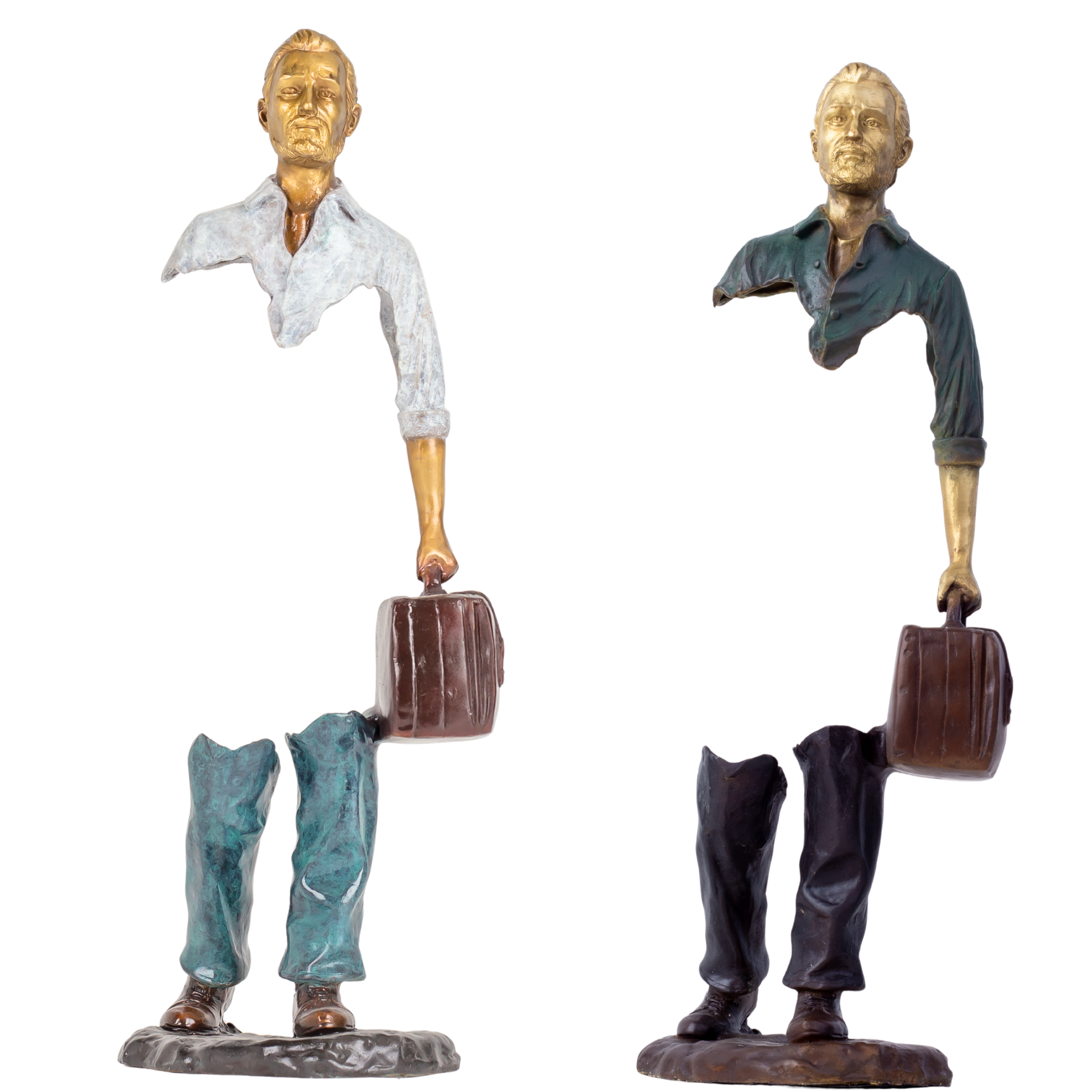 A pair of 15.7 inch Bruno Catalano inspired bronze traveler statues in Celestial Gray and Deep Emerald.