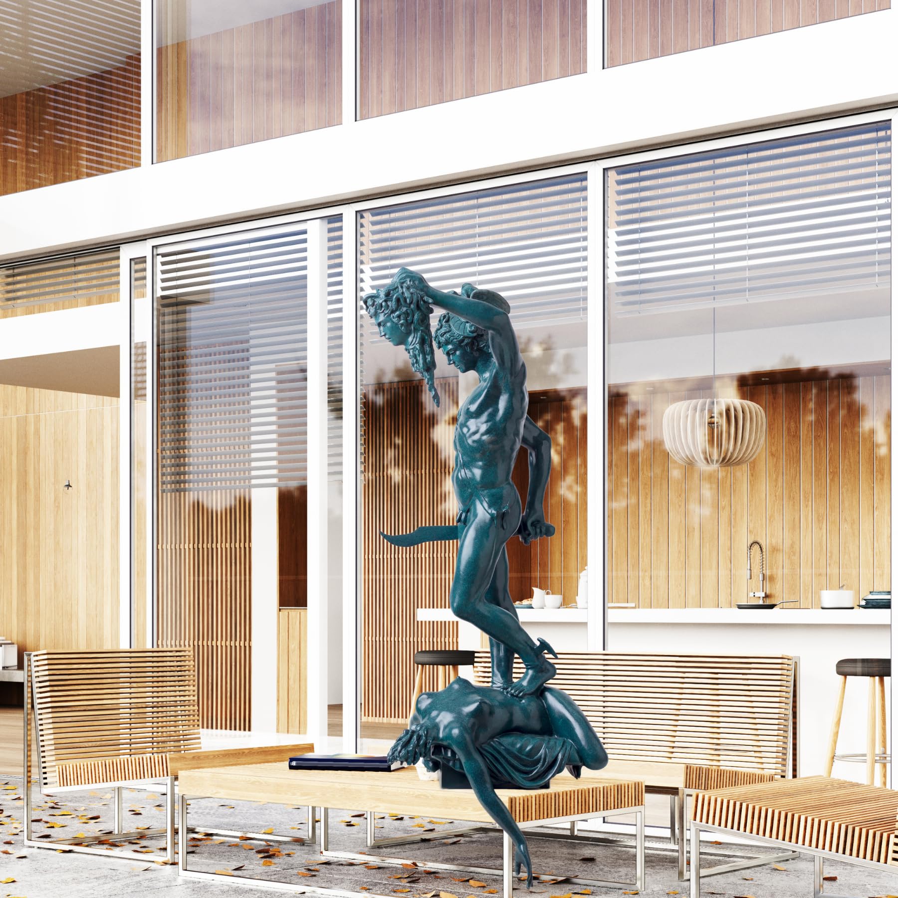 Large blue verdigris Perseus Medusa bronze statue displayed beside fireplace in luxury interior