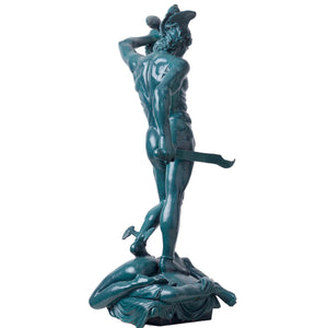 Front detail view of large blue verdigris Cellini Perseus Medusa bronze mythology sculpture