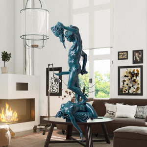 Large 39.4-inch blue Cellini Perseus Medusa bronze statue displayed in elegant hallway