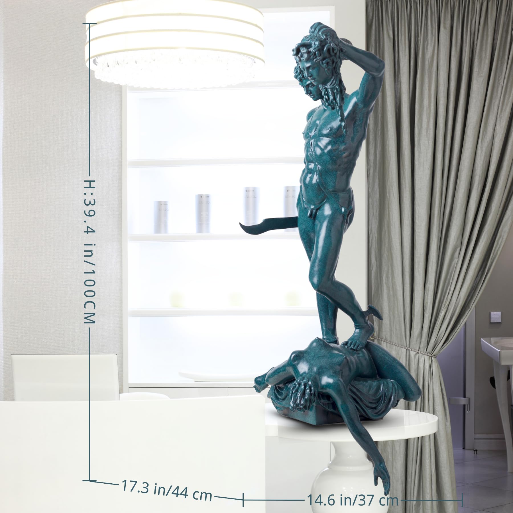 Blue verdigris Perseus Medusa bronze sculpture showing full scale in modern interior setting